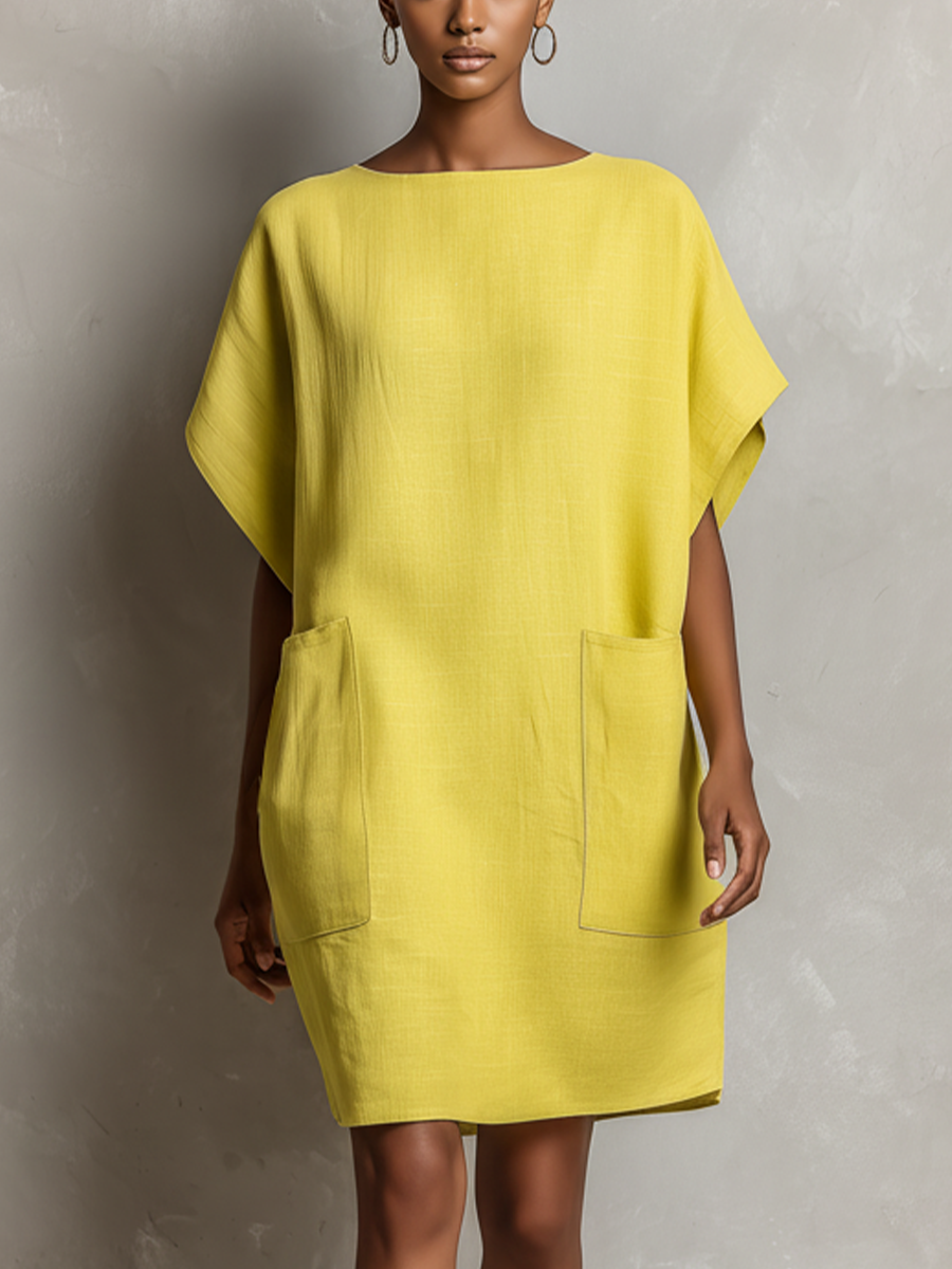 Women's Shift Dress in Lime Yellow with Batwing Sleeves and Pockets MDZ2671C3T