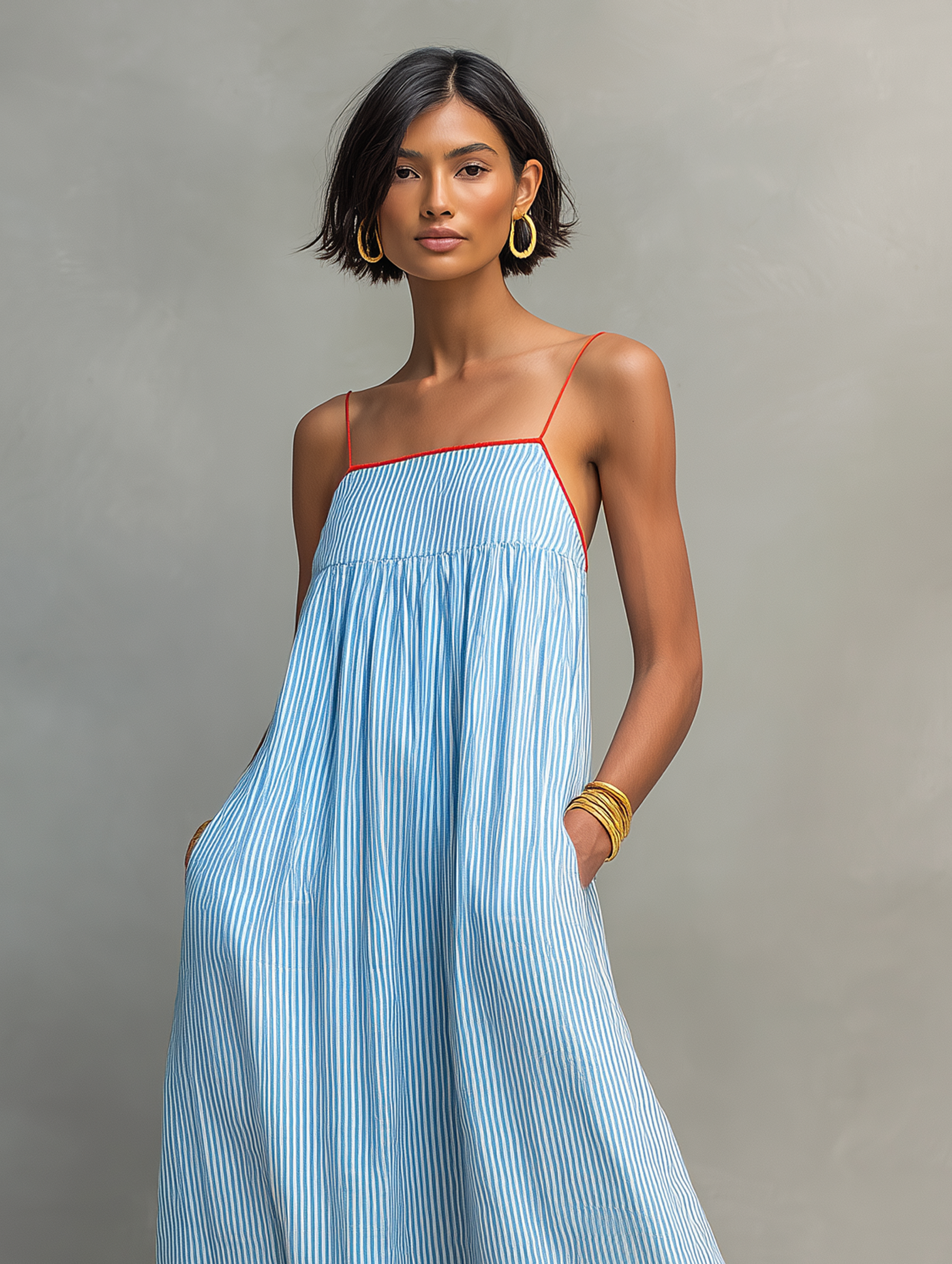 Minimalist Striped Maxi Dress for Women with Red Trim and Spaghetti Straps MDZ2710C3Y