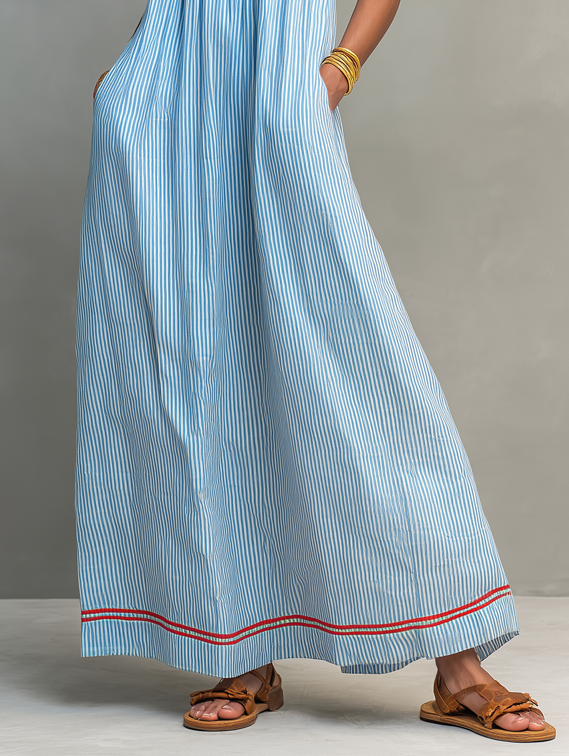 Minimalist Striped Maxi Dress for Women with Red Trim and Spaghetti Straps MDZ2710C3Y