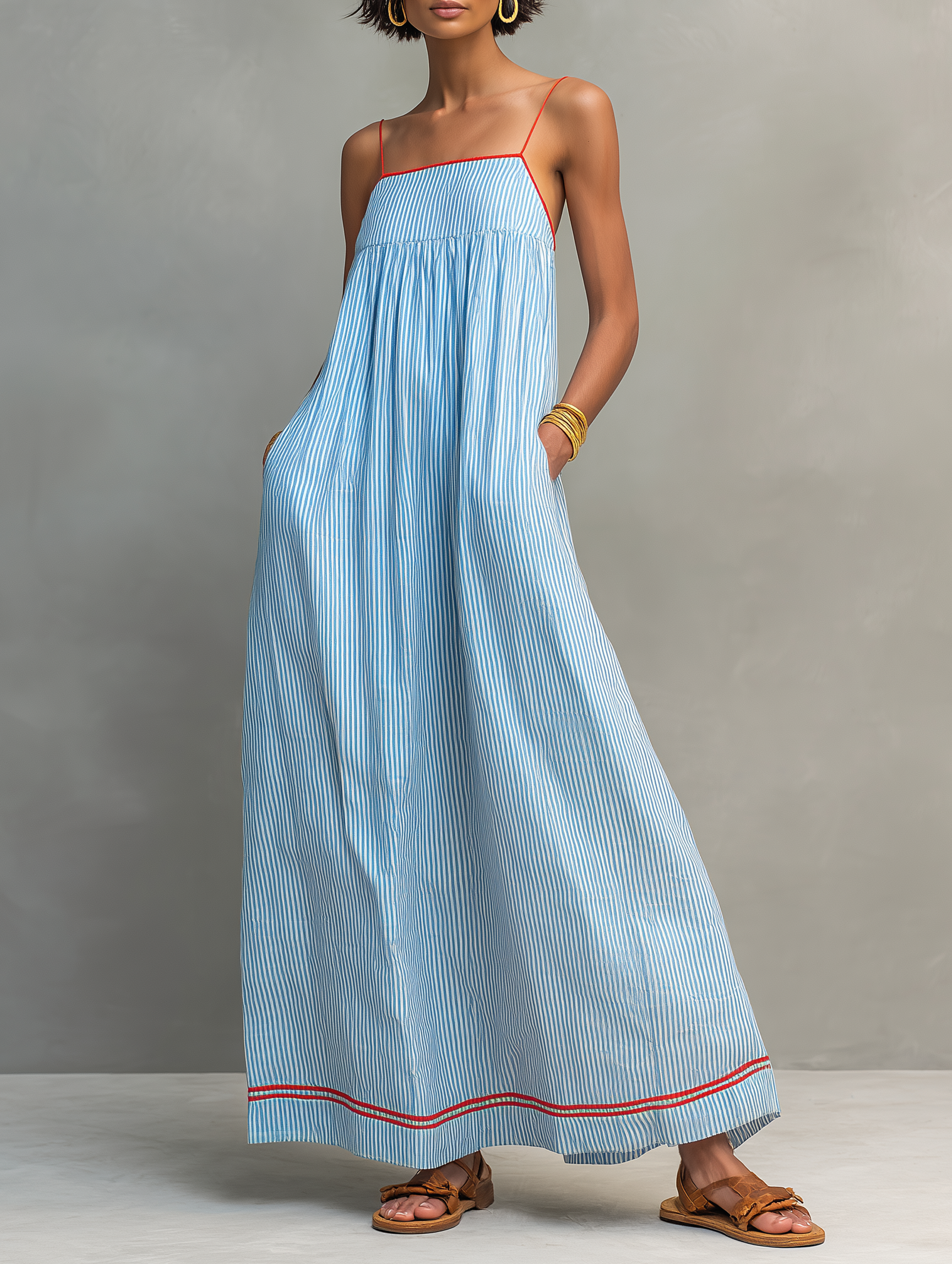 Striped Minimalist Maxi Dresses for Women with Red Edges and Spaghetti Straps MDZ2710C3Y