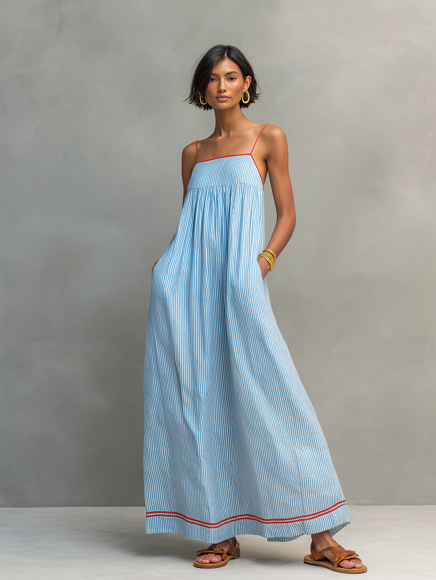 Minimalist Striped Maxi Dress for Women with Red Trim and Spaghetti Straps MDZ2710C3Y