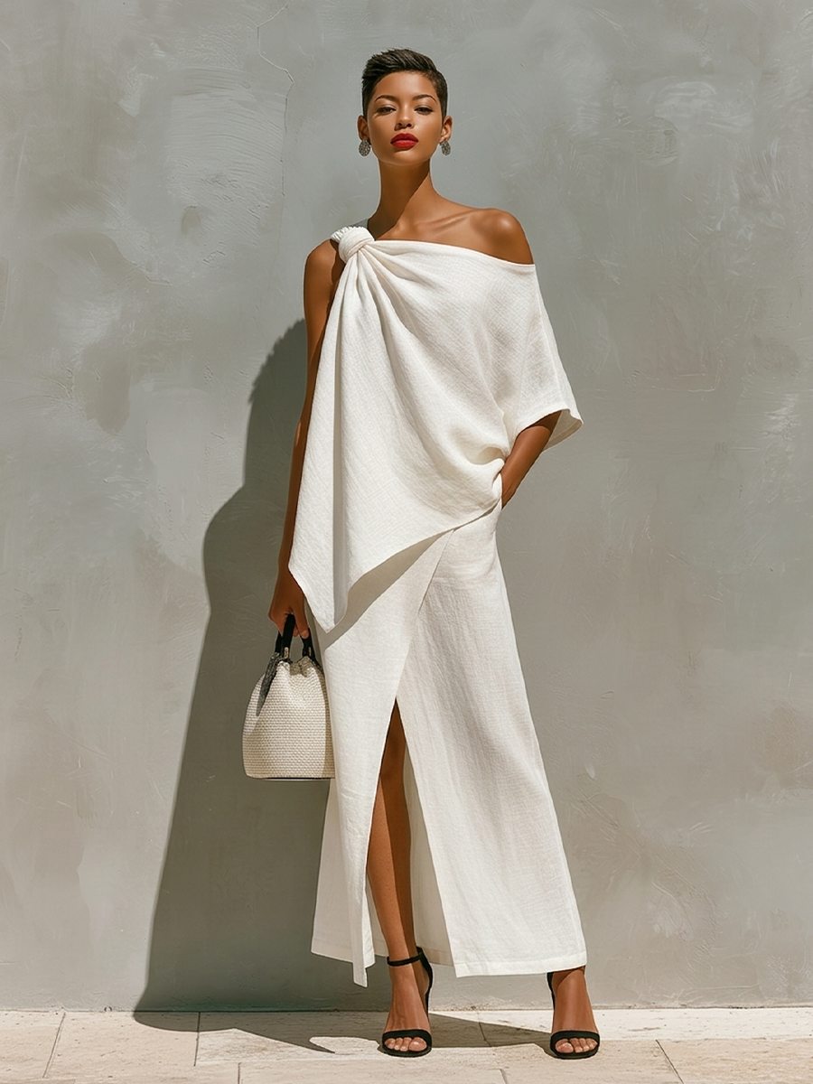 White Linen Set for Women with One Shoulder Detail and Front Slits, Classic Minimalist Vacation Set MDZ2796C6I