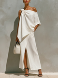 White Linen Set for Women with One Shoulder Detail and Front Slits, Classic Minimalist Vacation Set MDZ2796C6I