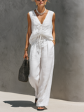 Casual Women's White Cotton-Linen Top and Skirt Set with V-Neck and Sleeveless Design (Padded) MDZ2866C9AN
