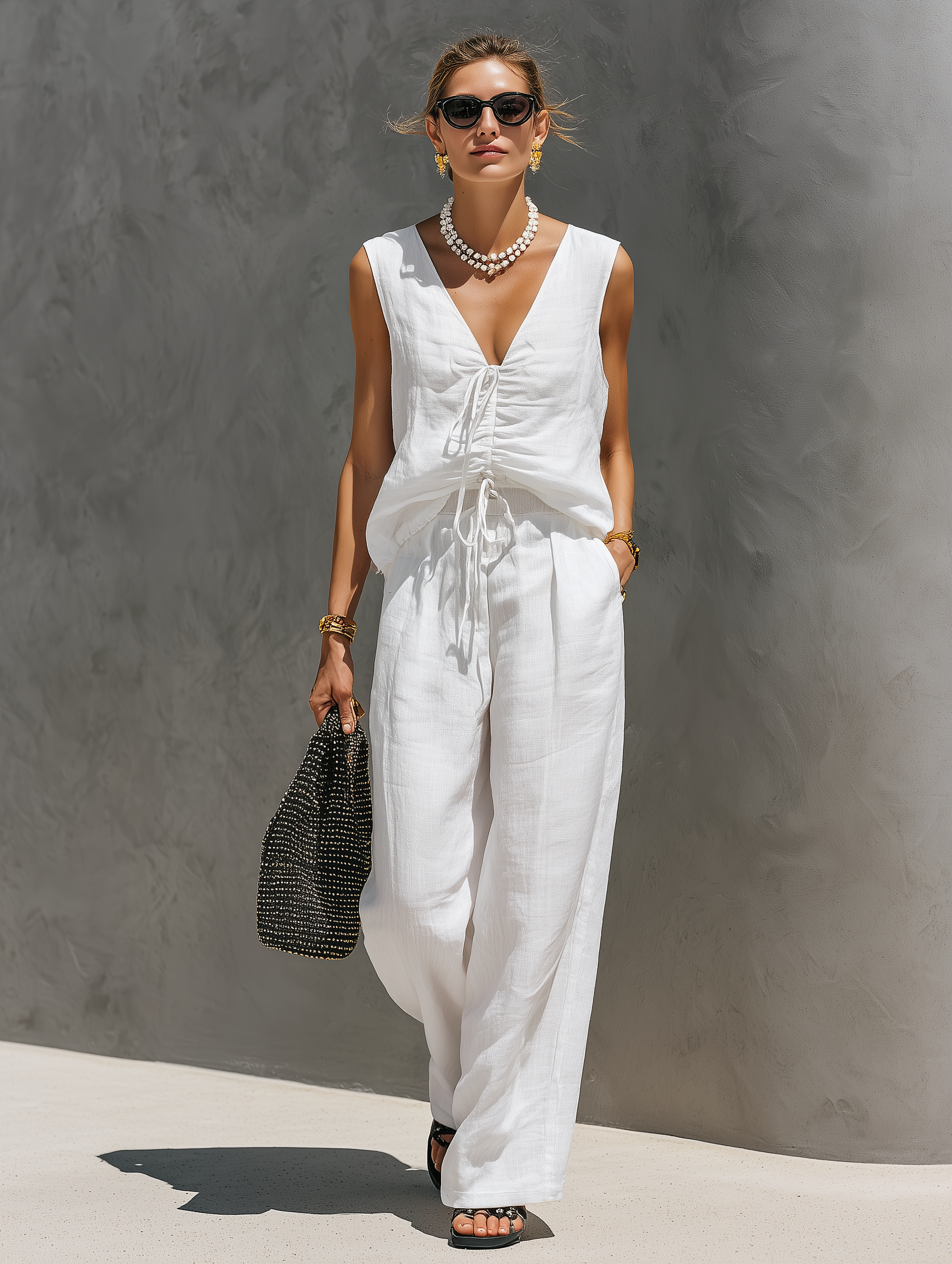 Casual Women's White Cotton-Linen Top and Skirt Set with V-Neck and Sleeveless Design (Padded) MDZ2866C9AN