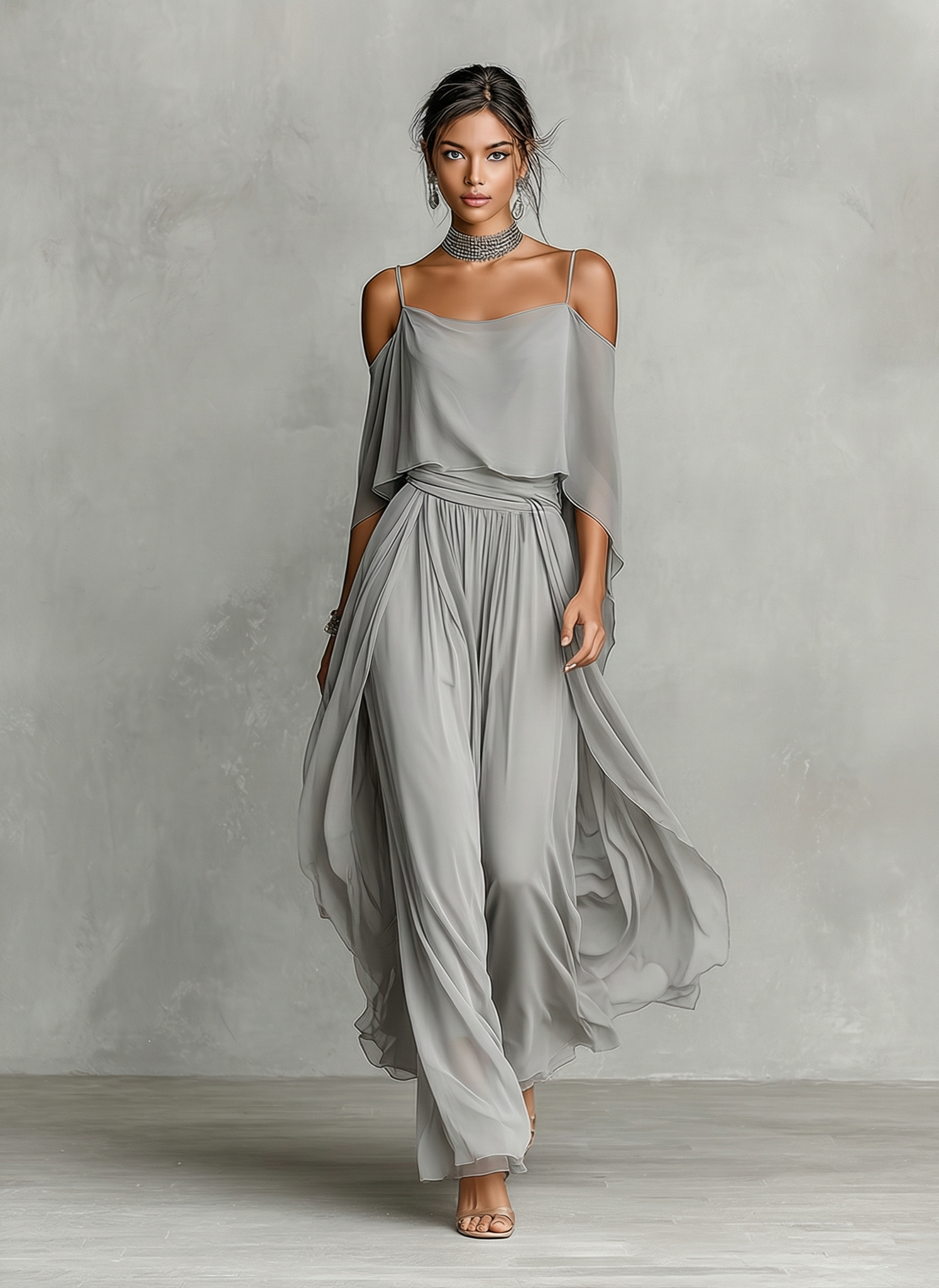 Gray chiffon set for women with cold shoulder details and an A-line silhouette, luxurious modern-feminine style MDZ2651B6I