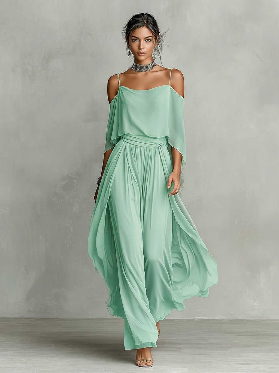 Gray chiffon set for women with cold shoulder details and an A-line silhouette, luxurious modern-feminine style MDZ2651B6I