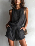 ElevenOra Casual Chic Black Striped Linen Romper