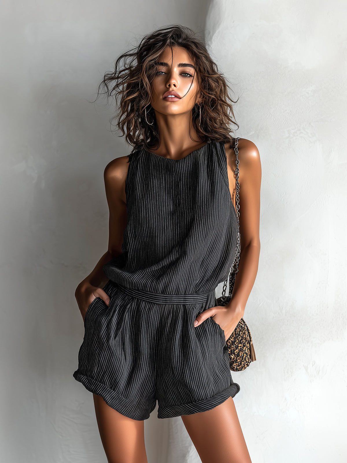 ElevenOra Casual Chic Black Striped Linen Romper