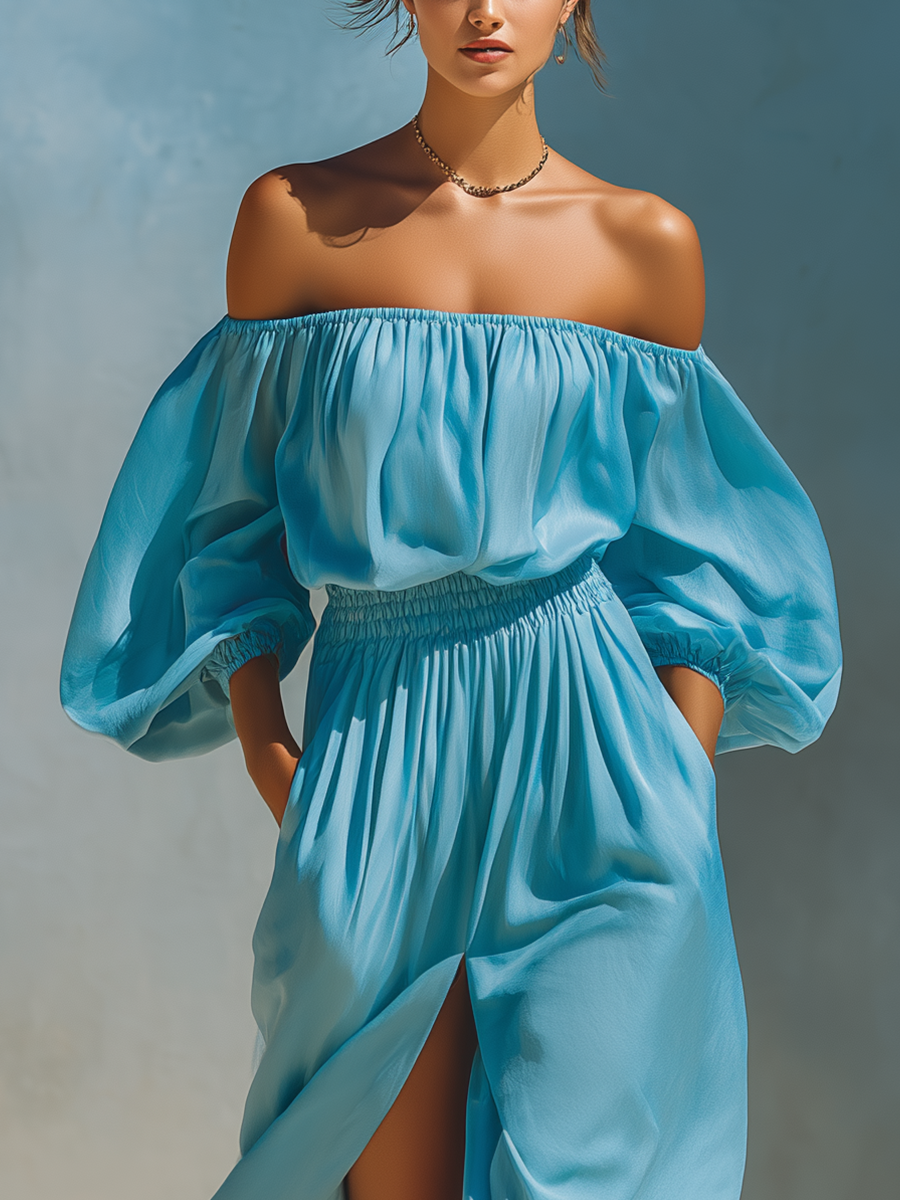 Women’s Maxi Dress in Sky Blue with Puff Sleeves, Embellished Waist, High Slits, and Pockets MDZ2191D7T