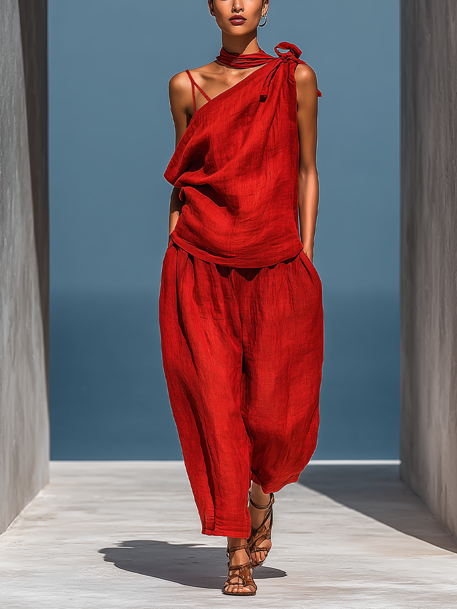 Red Women's Two-Piece Linen Blend Set: Asymmetrical Top with One Shoulder (No Neck Scarf) and Wide Pants with Pockets MDZ2201D4T