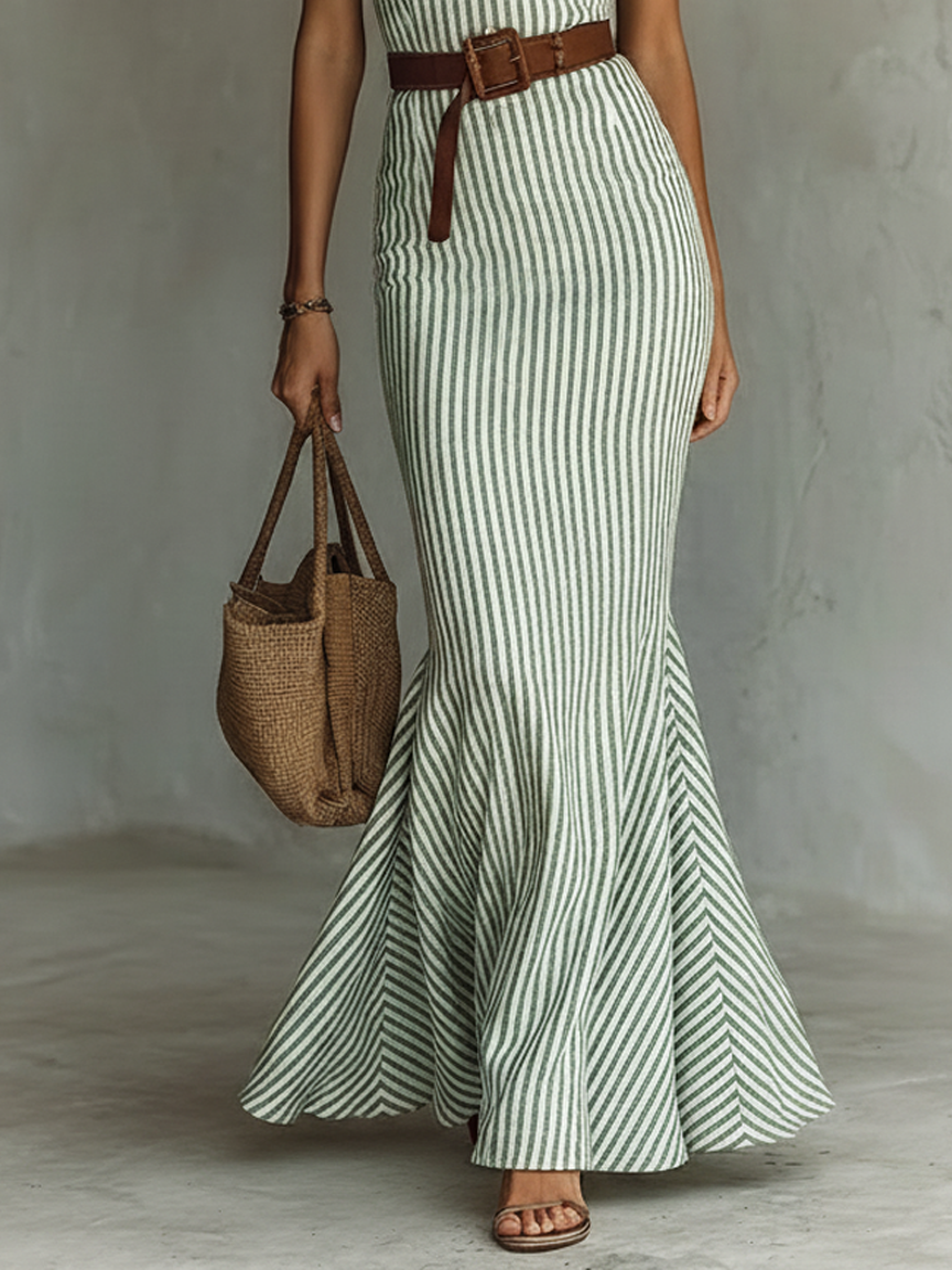 Women's Maxi Dress in Minimalist Design with Stripes, Made from Linen Blend, Featuring a Single Button and Sleeveless Design (Belt Not Included) MDZ2321D8Y