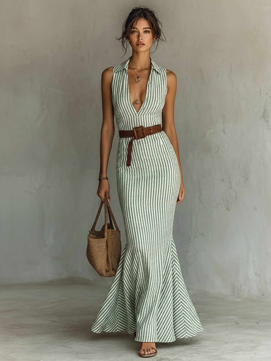 Women's Maxi Dress in Minimalist Design with Stripes, Made from Linen Blend, Featuring a Single Button and Sleeveless Design (Belt Not Included) MDZ2321D8Y