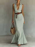 Women's Maxi Dress in Minimalist Design with Stripes, Made from Linen Blend, Featuring a Single Button and Sleeveless Design (Belt Not Included) MDZ2321D8Y