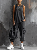 Dark Gray Sleeveless Top Set Made of Mixed Cotton + Jogger Pants with Pockets MDZ2365D7GMJ
