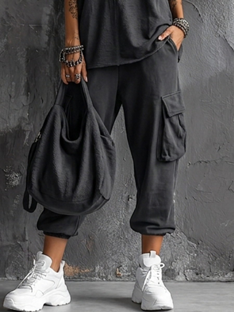 Dark Gray Sleeveless Top Set Made of Mixed Cotton + Jogger Pants with Pockets MDZ2365D7GMJ