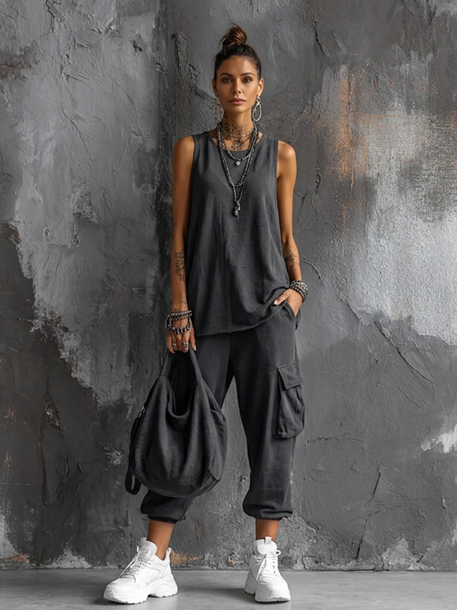 Dark Gray Sleeveless Top Set Made of Mixed Cotton + Jogger Pants with Pockets MDZ2365D7GMJ