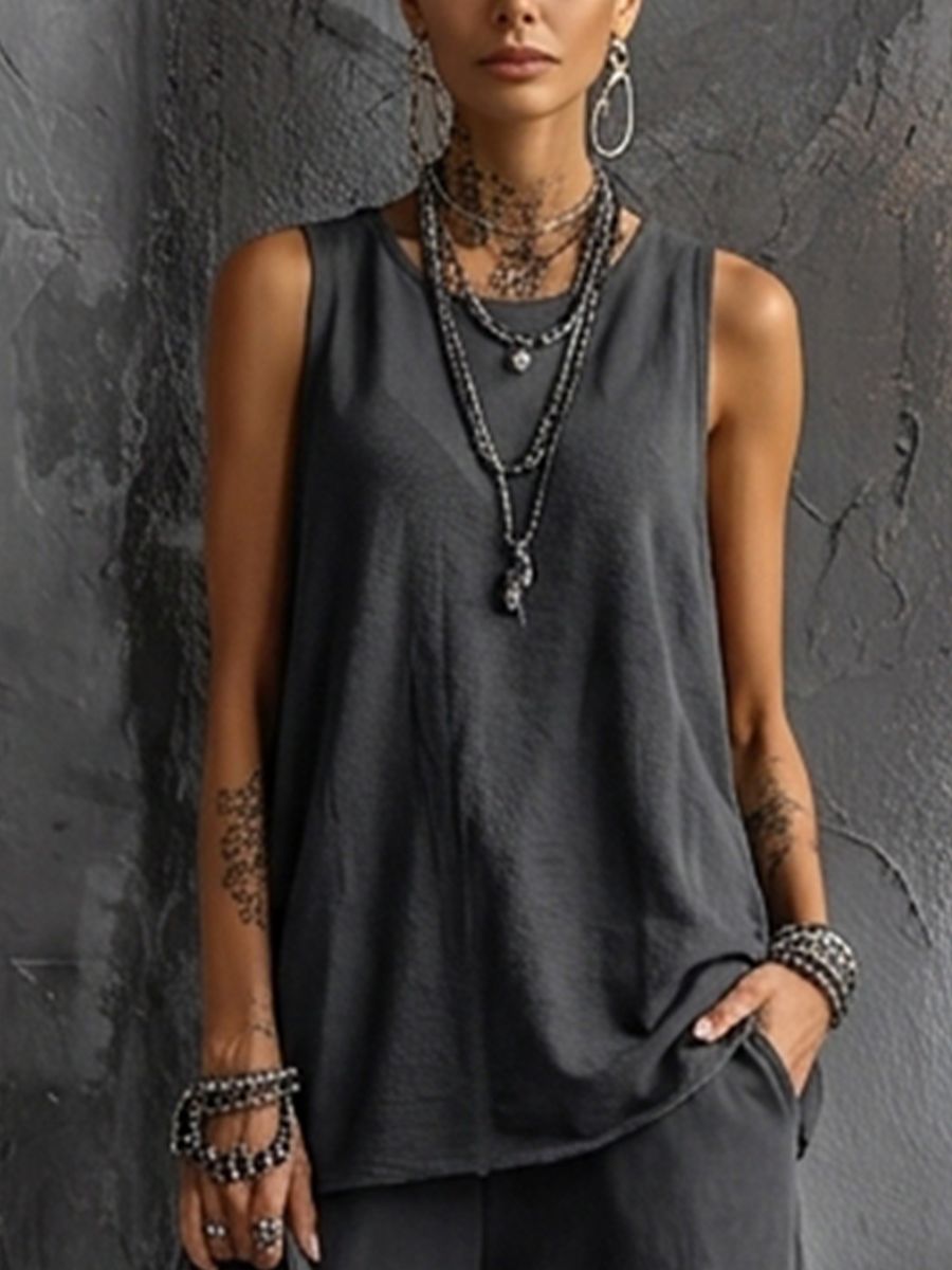 Dark Gray Sleeveless Top Set Made of Mixed Cotton + Jogger Pants with Pockets MDZ2365D7GMJ