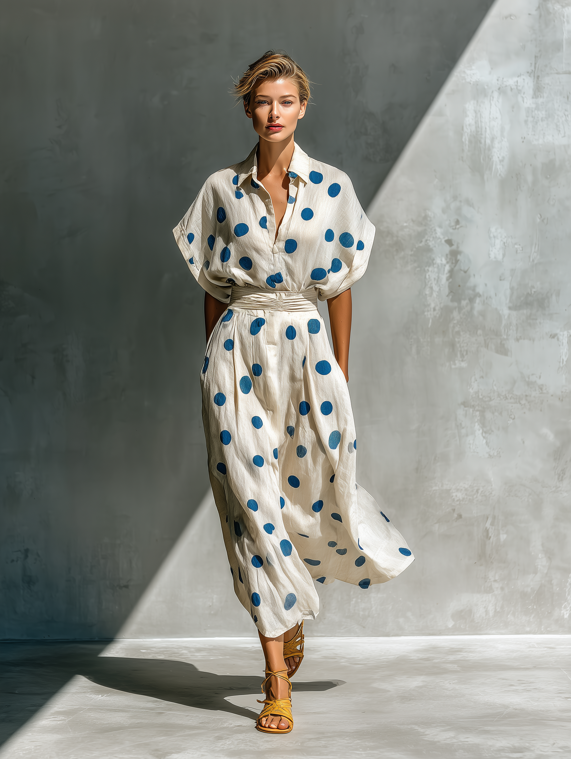 Women’s Shirt Dresses in Cream with Polka Dots, with Waist Belt and Pockets MDZ2481D3T