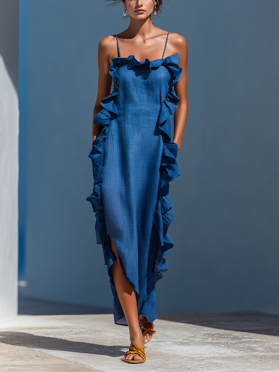 Maxi Dresses for Women in Mixed Linen Fabric in Blue with Spaghetti Straps and Ruffled Edges MDZ2407D1T