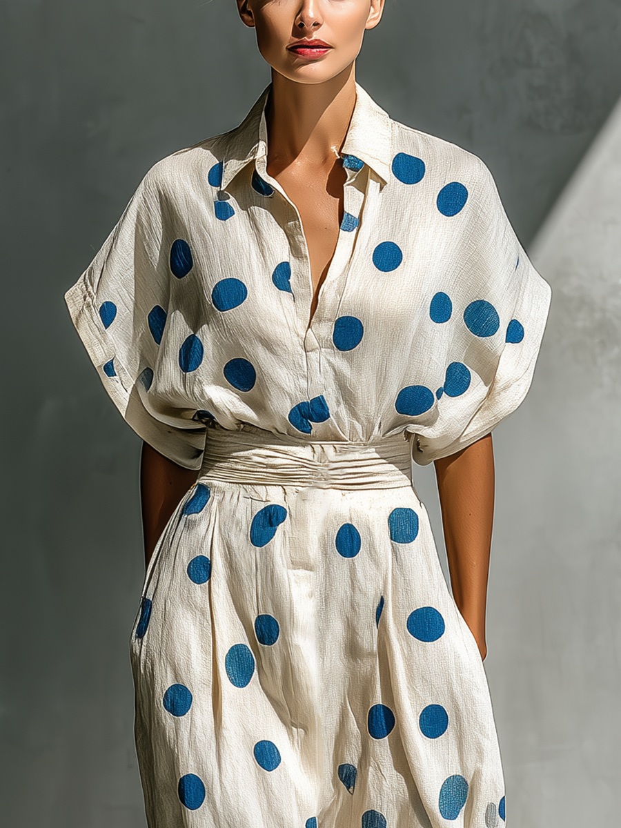 Women’s Shirt Dresses in Cream with Polka Dots, with Waist Belt and Pockets MDZ2481D3T