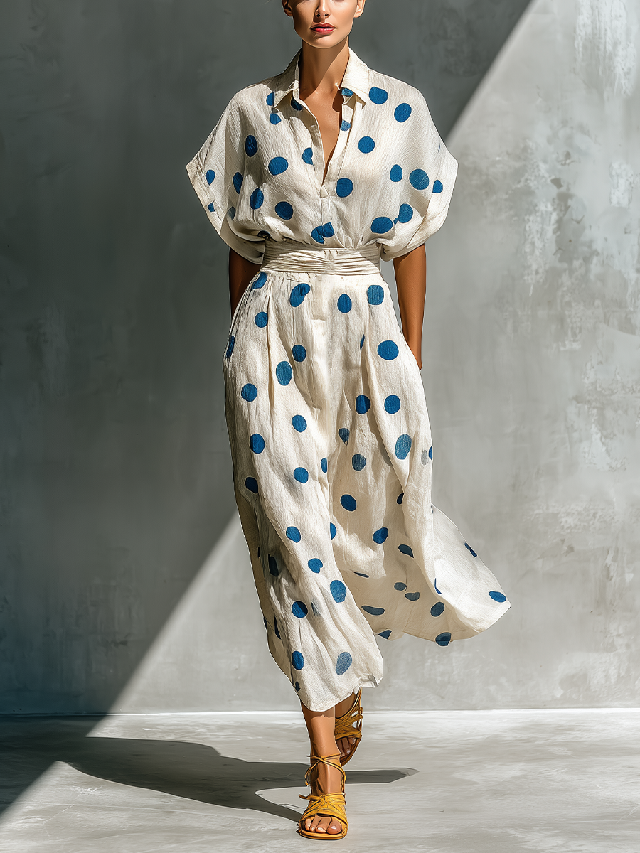 Women’s Shirt Dresses in Cream with Polka Dots, with Waist Belt and Pockets MDZ2481D3T