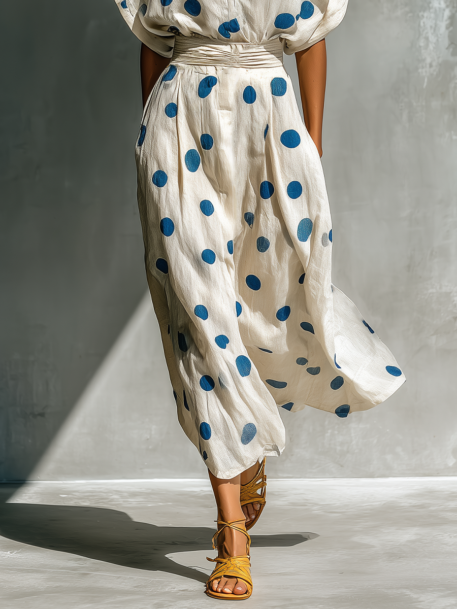 Women’s Shirt Dresses in Cream with Polka Dots, with Waist Belt and Pockets MDZ2481D3T