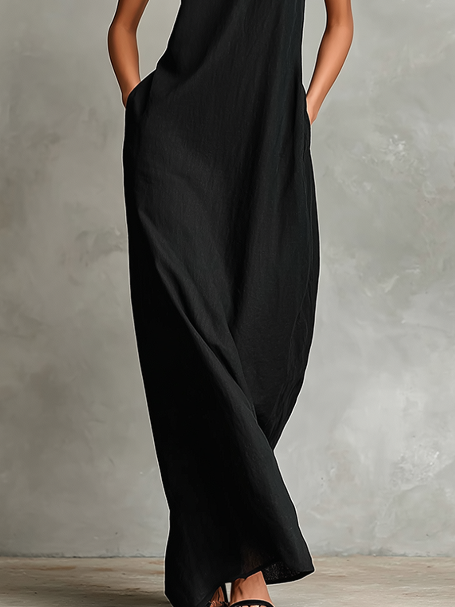 Black Maxi Dresses for Women with High Collar and Side Pockets, Classic Minimalist Dress MDZ2597D7LYL