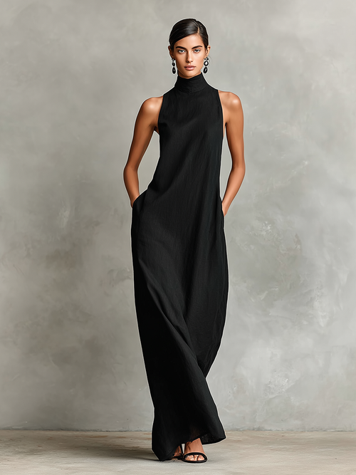 Black Maxi Dresses for Women with High Collar and Side Pockets, Classic Minimalist Dress MDZ2597D7LYL