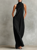 Black Maxi Dresses for Women with High Collar and Side Pockets, Classic Minimalist Dress MDZ2597D7LYL