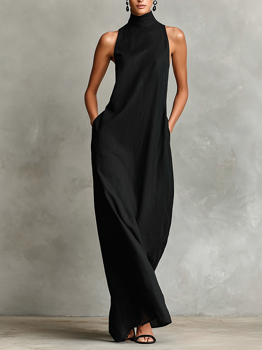 Black Maxi Dresses for Women with High Collar and Side Pockets, Classic Minimalist Dress MDZ2597D7LYL