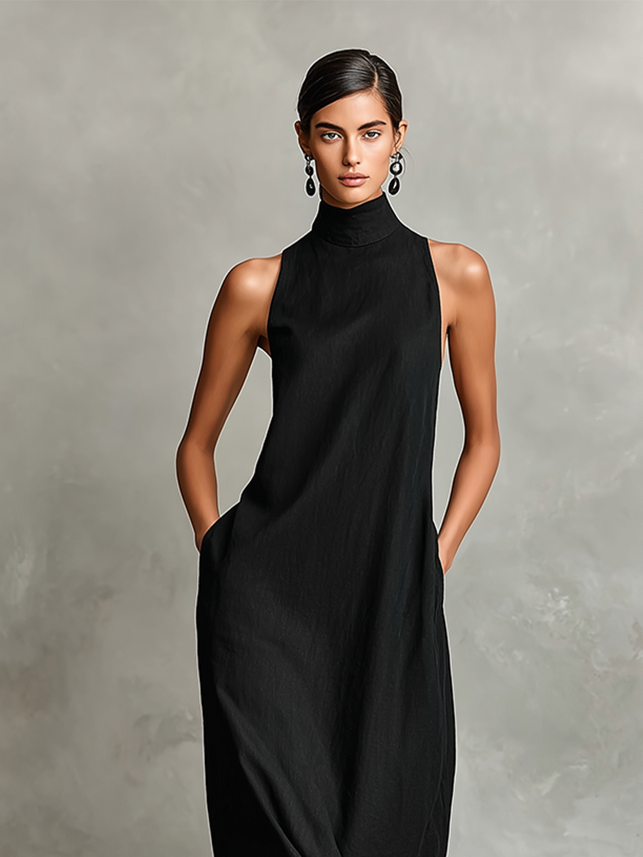 Black Maxi Dresses for Women with High Collar and Side Pockets, Classic Minimalist Dress MDZ2597D7LYL