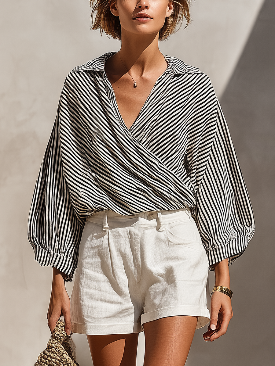 Loose black and white striped blouse with high-waisted white shorts - Two-piece set MDZ2724D6T