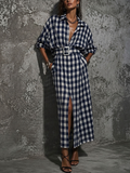 Cotton Maxi Dress with Belt in Casual Style for Women, Blue and White Stripes, with Front Slits MDZ2982D6GMJ
