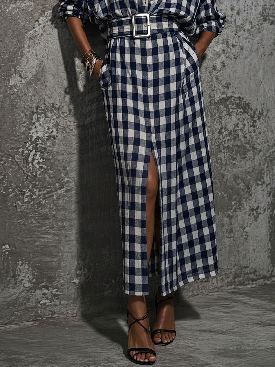 Cotton Maxi Dress with Belt in Casual Style for Women, Blue and White Stripes, with Front Slits MDZ2982D6GMJ