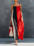 Women's Maxi Dress in Minimalist Style with Color Block, Square Neckline, and Spaghetti Straps MDZ2974D6Y