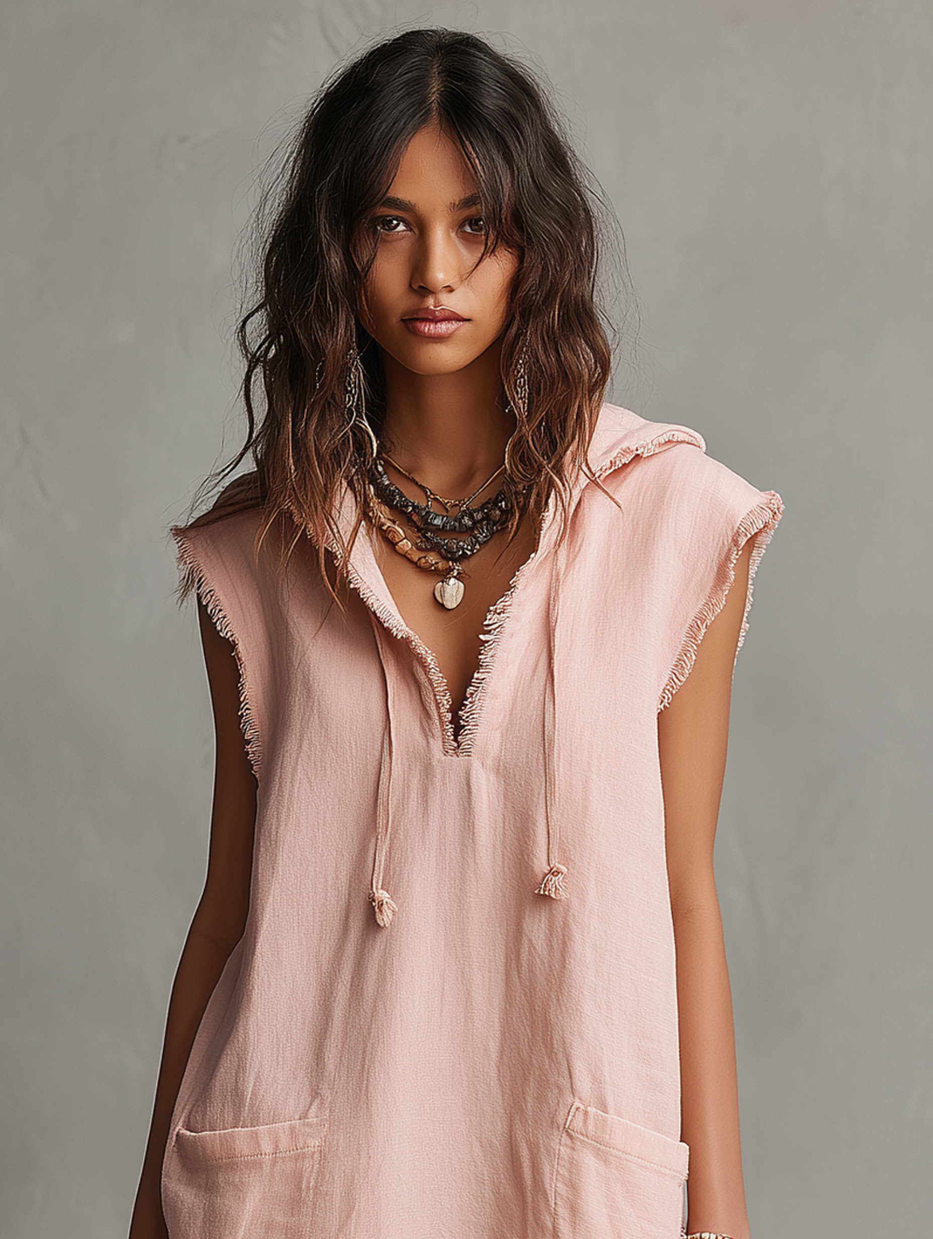 Mini Dresses for Women in Minimalist Style - With Hood, Sleeveless, Raw Hem MDZ2961D3Y