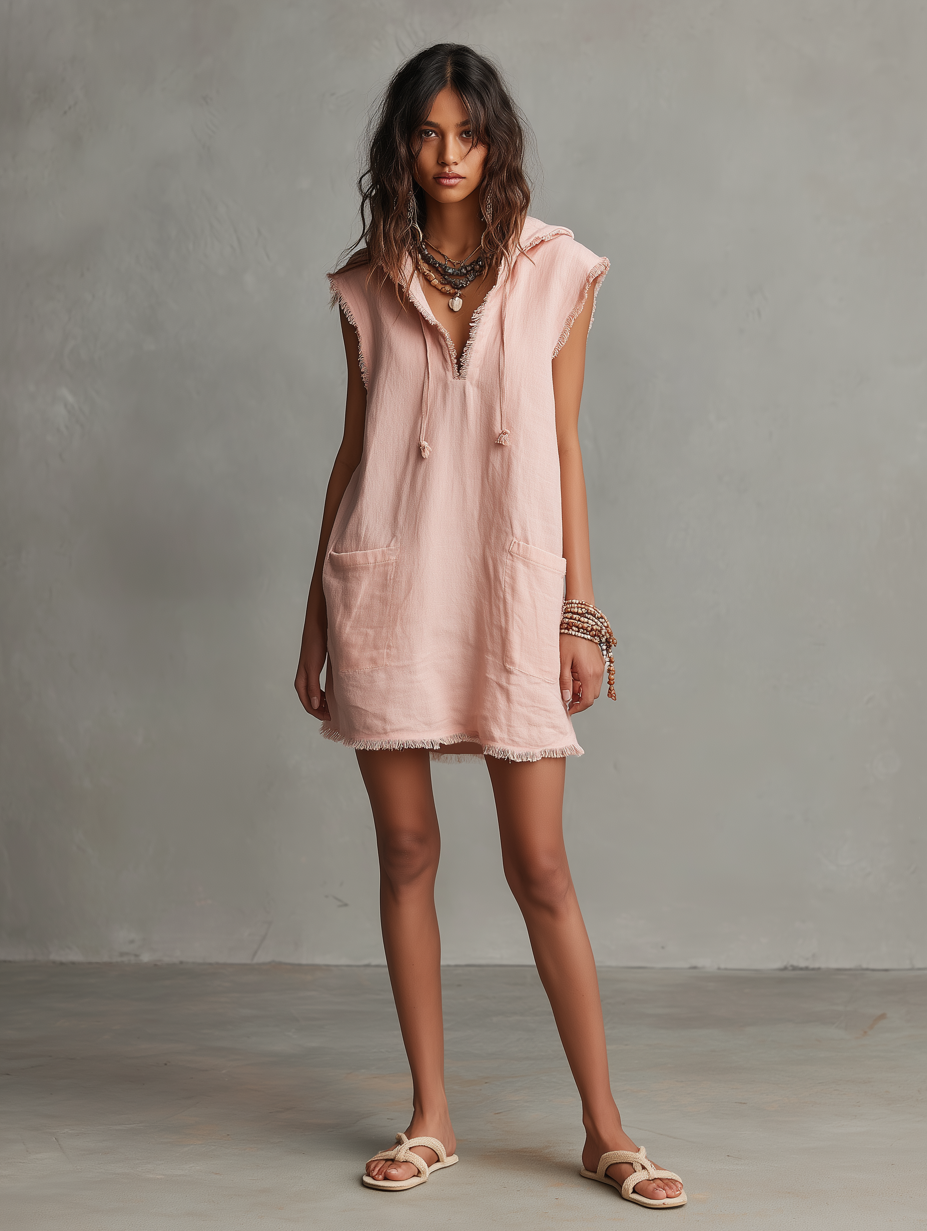 Mini Dresses for Women in Minimalist Style - With Hood, Sleeveless, Raw Hem MDZ2961D3Y
