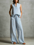 Women's Casual Sleeveless Top in Blue and White with Pants MDZ2940D8LXY