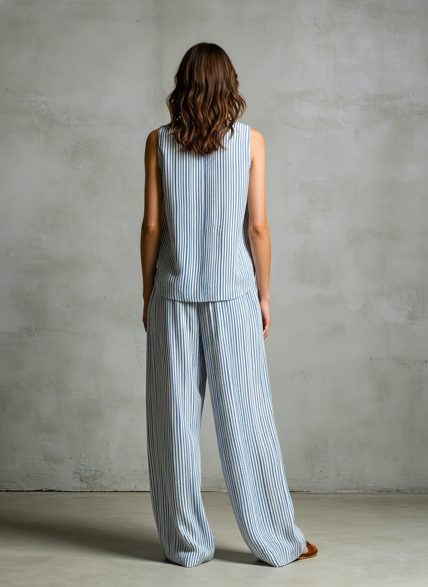 Women's Casual Sleeveless Top in Blue and White with Pants MDZ2940D8LXY