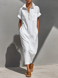 White 100% Cotton Maxi Shirt Dresses for Women with Half-Zip Collar and Rolled Sleeves, Classic Day Dress