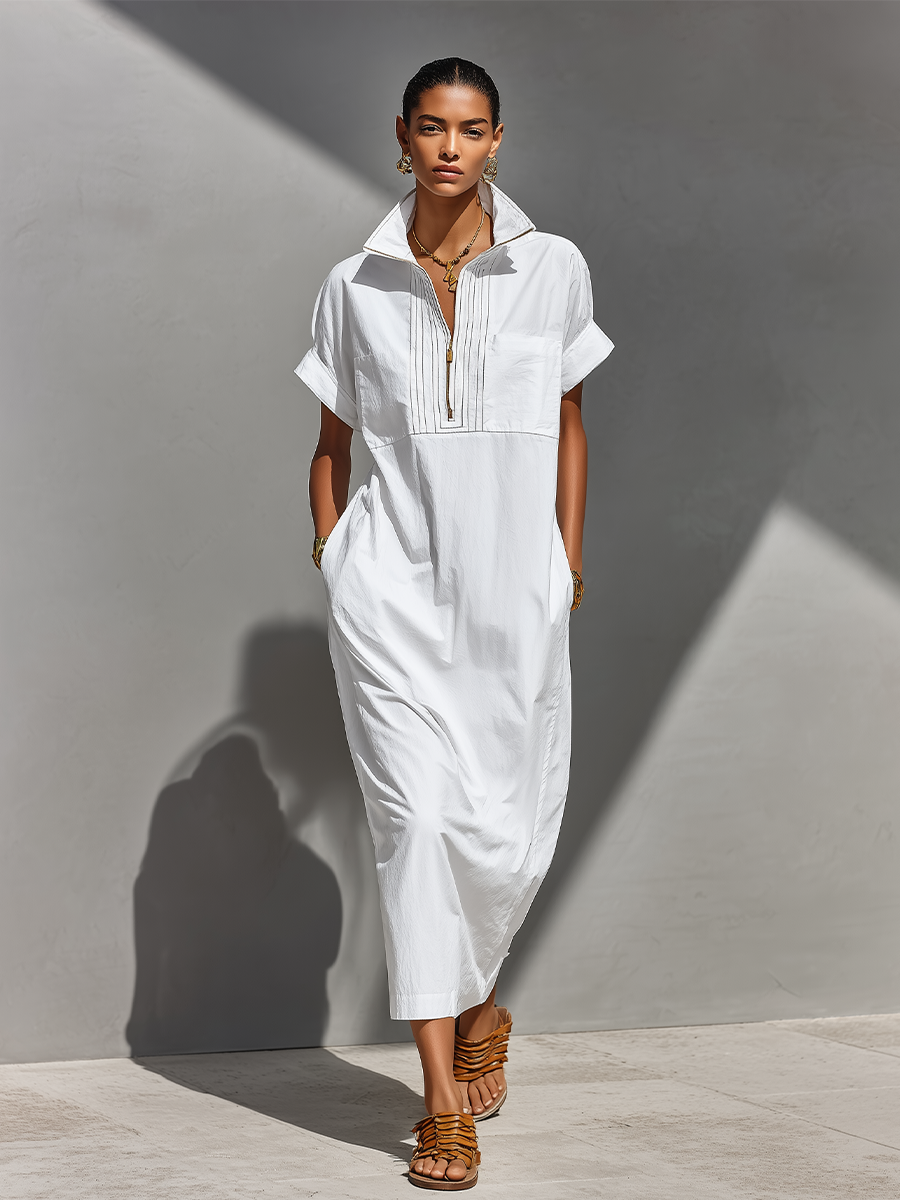 White 100% Cotton Maxi Shirt Dresses for Women with Half-Zip Collar and Rolled Sleeves, Classic Day Dress