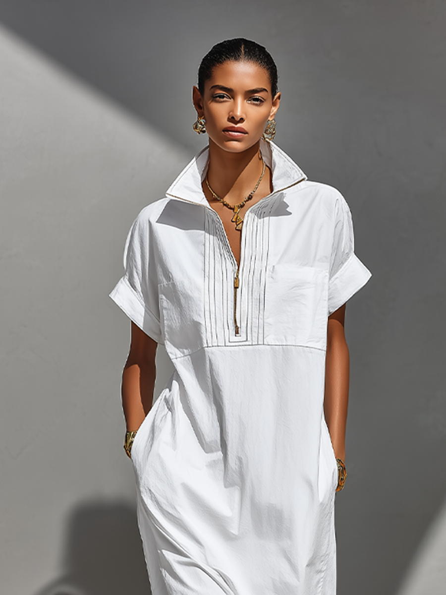 White 100% Cotton Maxi Shirt Dresses for Women with Half-Zip Collar and Rolled Sleeves, Classic Day Dress