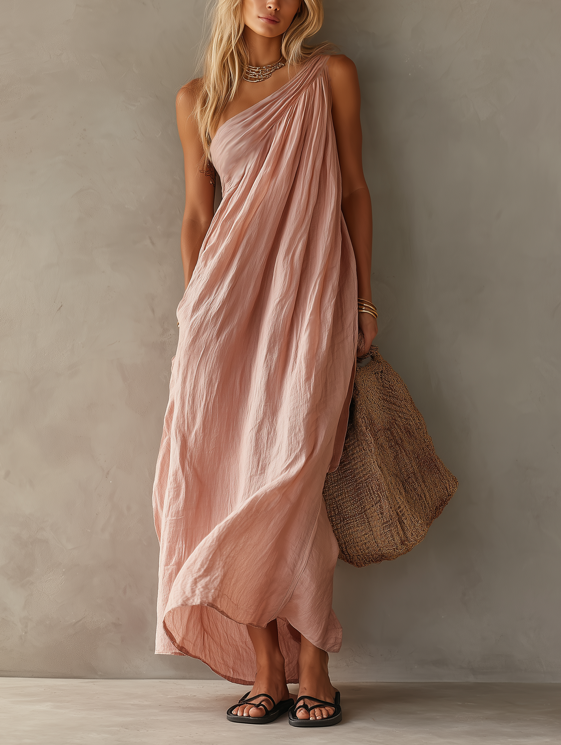 Women's One-Shoulder Crochet Maxi Dresses in Pink MDZ0829E1LXY