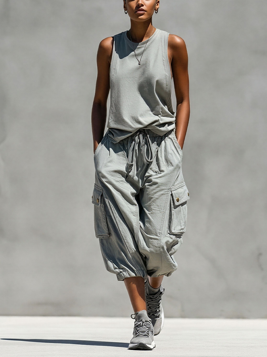Sleeveless Tank Top and Cargo Jogger Set for Women in Gray MDZ0853E1T