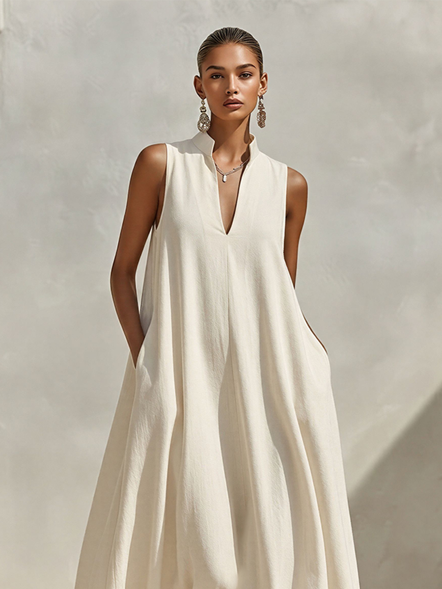 Sleeveless Maxi Dresses in Cream Color Made of Mixed Linen Fabric with a Durable Collar and V-Neck, Timeless Minimalist Summer Dress MDZ0806E9LYL