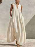 Sleeveless Maxi Dresses in Cream Color Made of Mixed Linen Fabric with a Durable Collar and V-Neck, Timeless Minimalist Summer Dress MDZ0806E9LYL