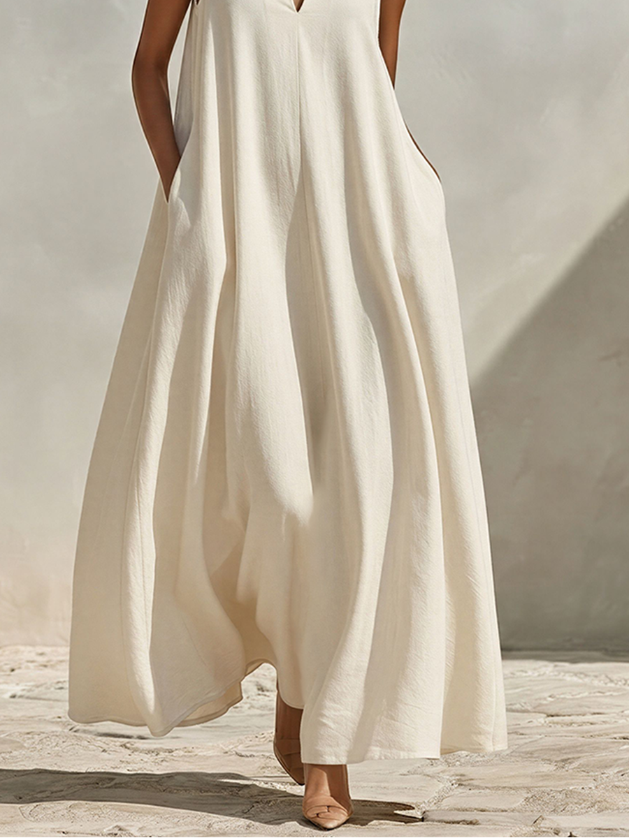Sleeveless Maxi Dresses in Cream Color Made of Mixed Linen Fabric with a Durable Collar and V-Neck, Timeless Minimalist Summer Dress MDZ0806E9LYL