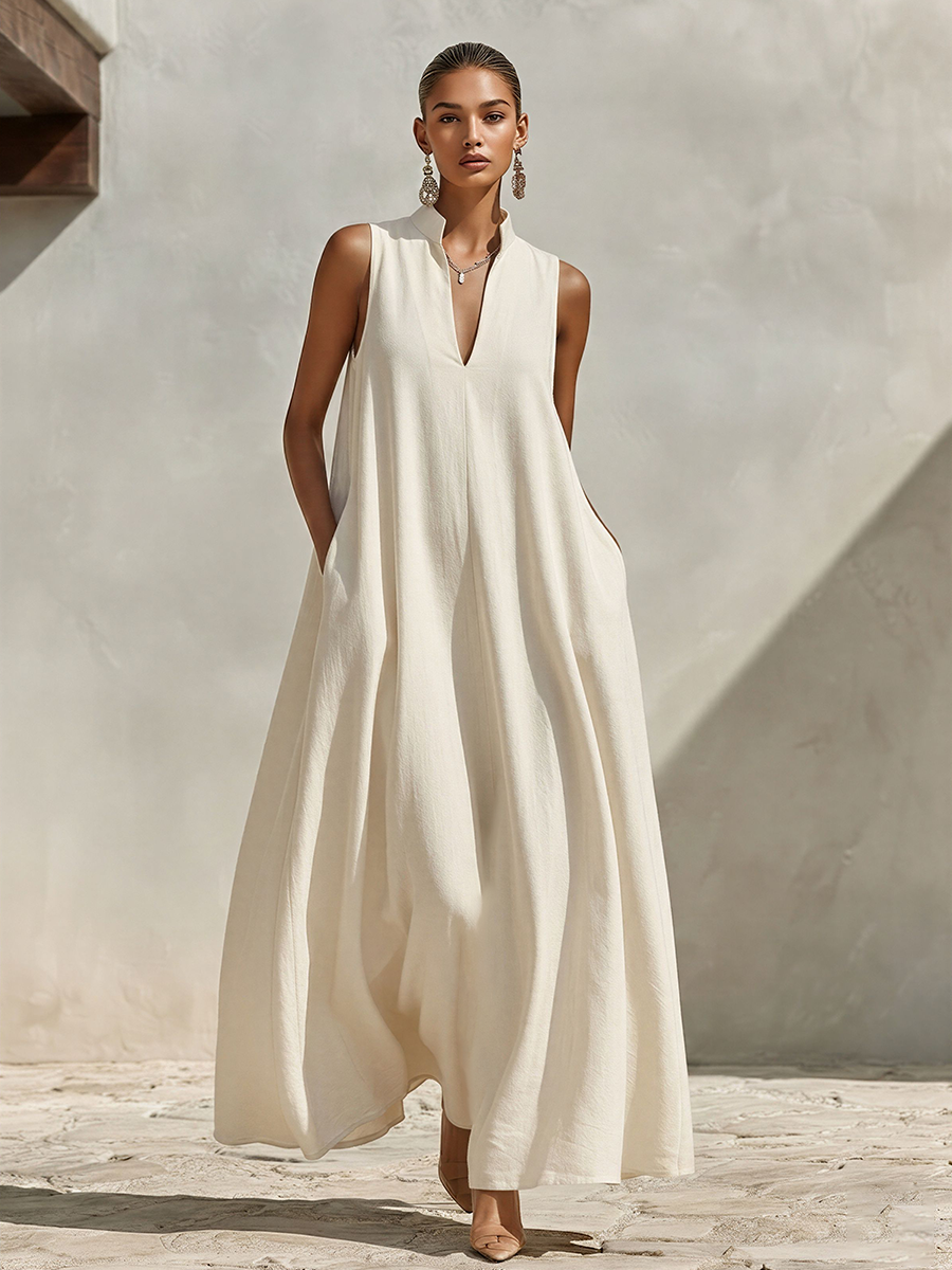 Sleeveless Maxi Dresses in Cream Color Made of Mixed Linen Fabric with a Durable Collar and V-Neck, Timeless Minimalist Summer Dress MDZ0806E9LYL
