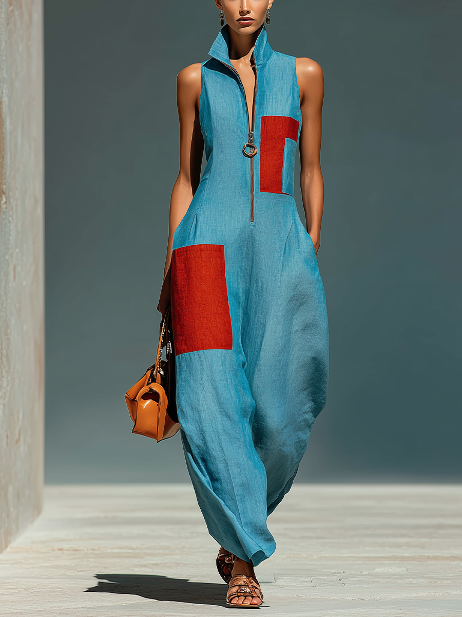 Women's Sleeveless Suit in Blue with Red Pockets and Half-Zip Cardigan MDZ0982E4T
